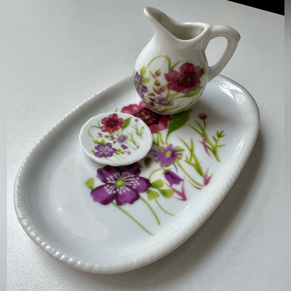 Royal Norfolk White Porcelain Miniature Tea Set Purple Flowers PARTIAL 5” Tray